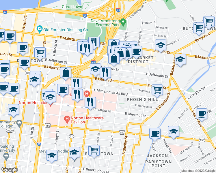 map of restaurants, bars, coffee shops, grocery stores, and more near 430 South Hancock Street in Louisville