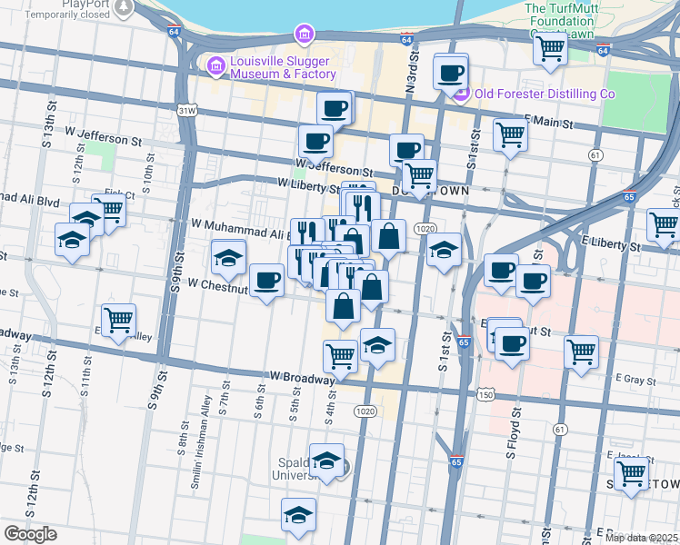 map of restaurants, bars, coffee shops, grocery stores, and more near 540 South 4th Street in Louisville