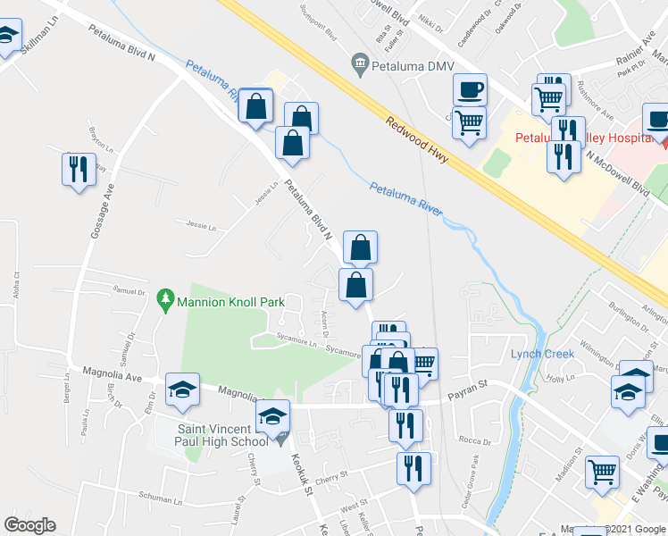 map of restaurants, bars, coffee shops, grocery stores, and more near 25 Acorn Circle in Petaluma
