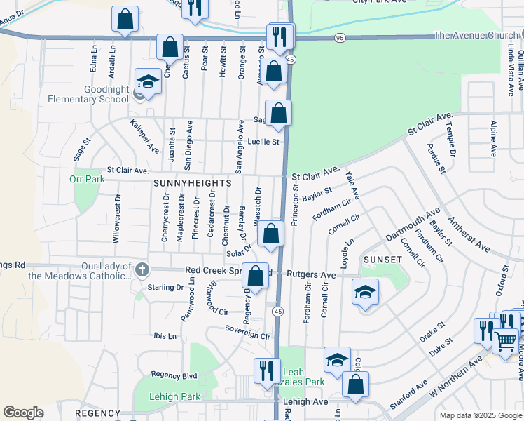 map of restaurants, bars, coffee shops, grocery stores, and more near 1-1099 Wasatch Drive in Pueblo
