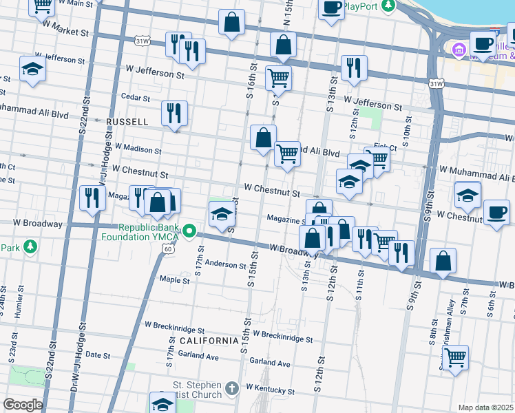 map of restaurants, bars, coffee shops, grocery stores, and more near 618 South 15th Street in Louisville