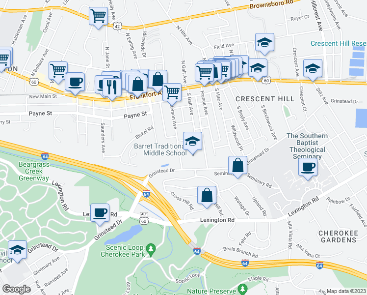 map of restaurants, bars, coffee shops, grocery stores, and more near 333 South Peterson Avenue in Louisville
