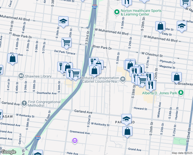 map of restaurants, bars, coffee shops, grocery stores, and more near 3131 West Broadway in Louisville