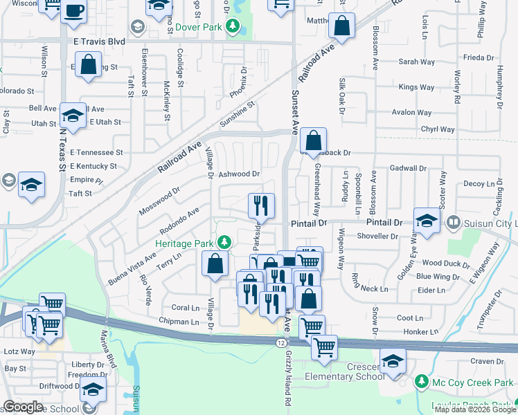 map of restaurants, bars, coffee shops, grocery stores, and more near 201 Fairbrook Court in Suisun City