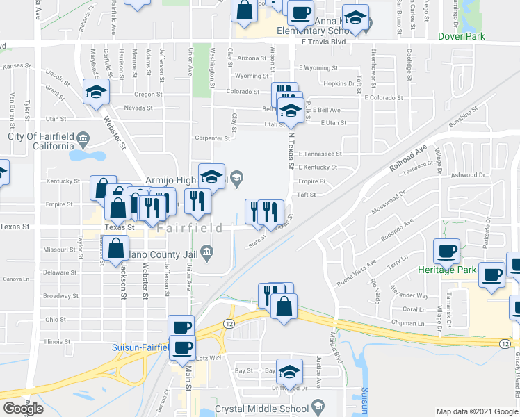 map of restaurants, bars, coffee shops, grocery stores, and more near 824 Washington Street in Fairfield