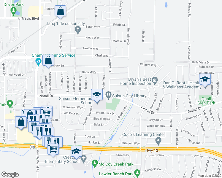 map of restaurants, bars, coffee shops, grocery stores, and more near 809 White Wing Lane in Suisun City