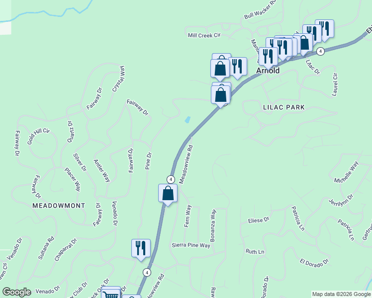 map of restaurants, bars, coffee shops, grocery stores, and more near 1546 California 4 in Arnold