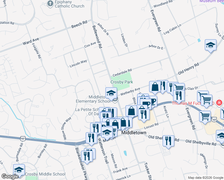 map of restaurants, bars, coffee shops, grocery stores, and more near 11517 Carriage Rest Court in Louisville