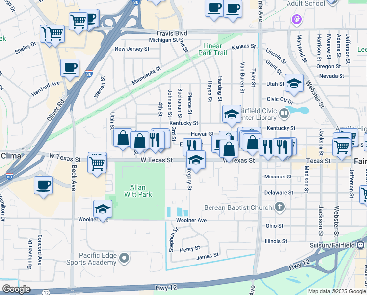 map of restaurants, bars, coffee shops, grocery stores, and more near 1521 Empire Street in Fairfield