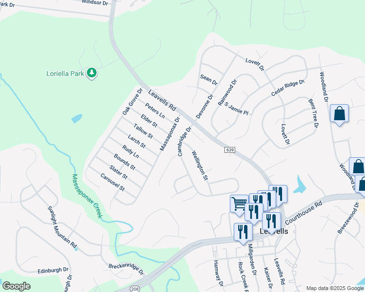 map of restaurants, bars, coffee shops, grocery stores, and more near 5614 Cambridge Drive in Fredericksburg