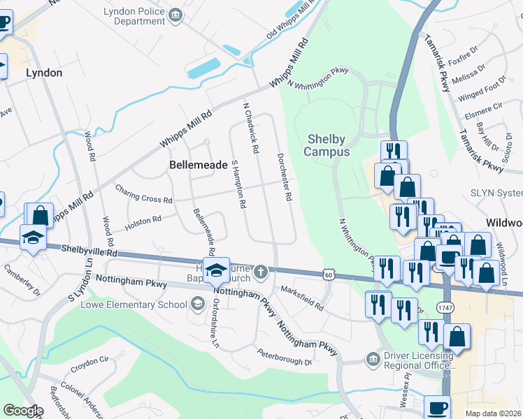 map of restaurants, bars, coffee shops, grocery stores, and more near 116 North Chadwick Road in Louisville