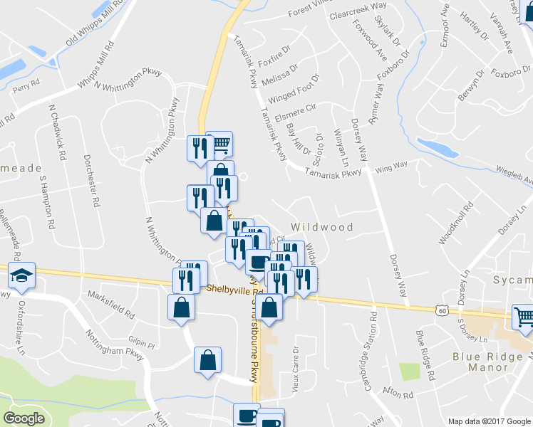 map of restaurants, bars, coffee shops, grocery stores, and more near 9846 Longwood Circle in Louisville
