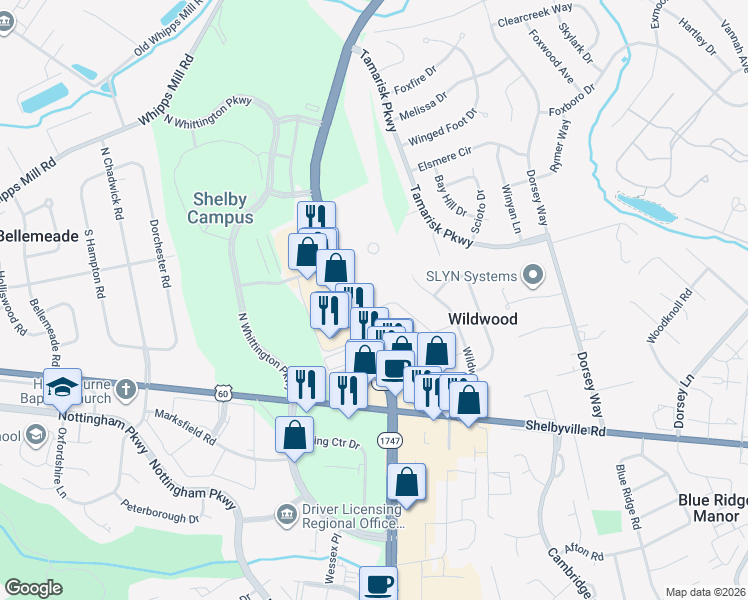 map of restaurants, bars, coffee shops, grocery stores, and more near 9834 Longwood Circle in Louisville