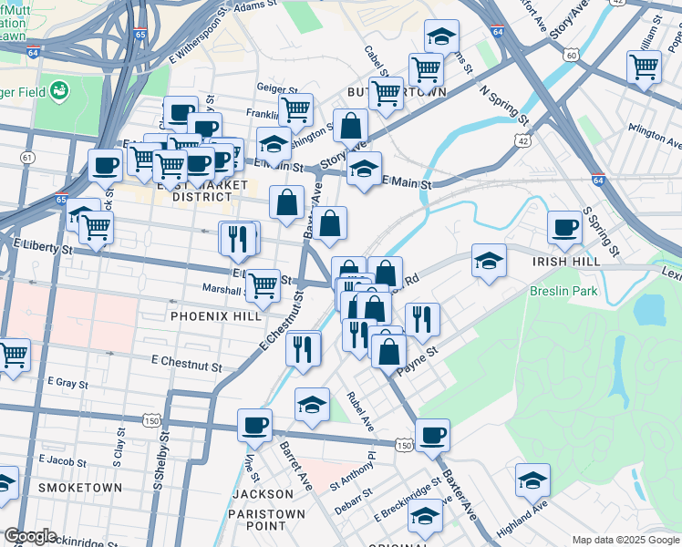 map of restaurants, bars, coffee shops, grocery stores, and more near E Liberty St in Louisville