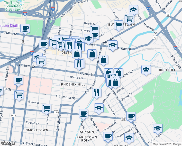 map of restaurants, bars, coffee shops, grocery stores, and more near 1007 East Liberty Street in Louisville