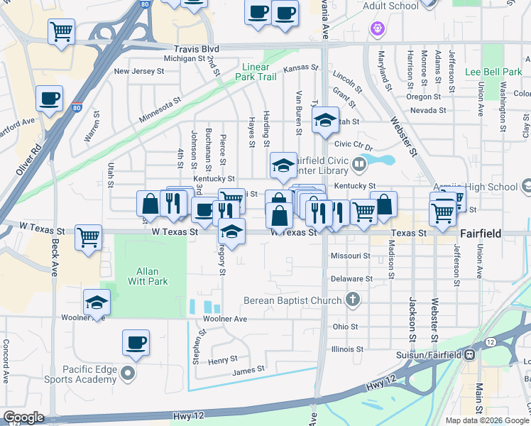 map of restaurants, bars, coffee shops, grocery stores, and more near 1417 Empire Street in Fairfield