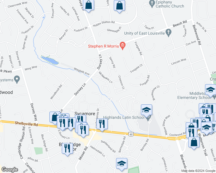 map of restaurants, bars, coffee shops, grocery stores, and more near 10713 Colonial Woods Court in Louisville