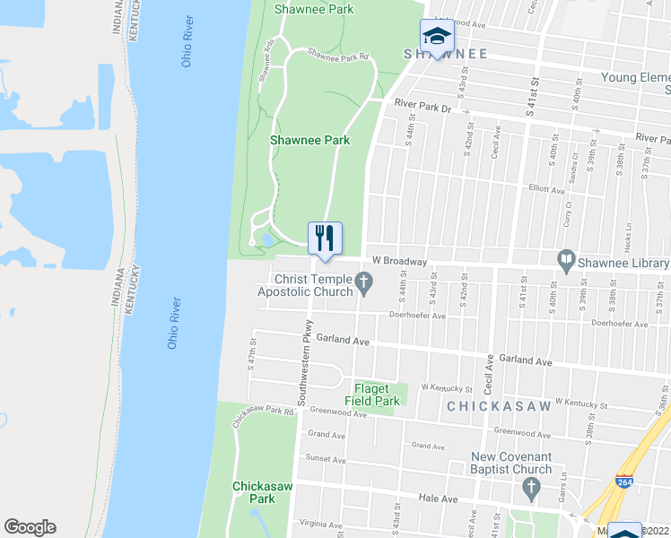 map of restaurants, bars, coffee shops, grocery stores, and more near 4526 West Broadway in Louisville