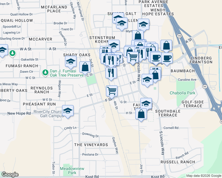 map of restaurants, bars, coffee shops, grocery stores, and more near E Street in Galt