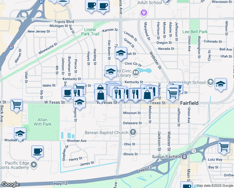 map of restaurants, bars, coffee shops, grocery stores, and more near 1305 Empire Street in Fairfield