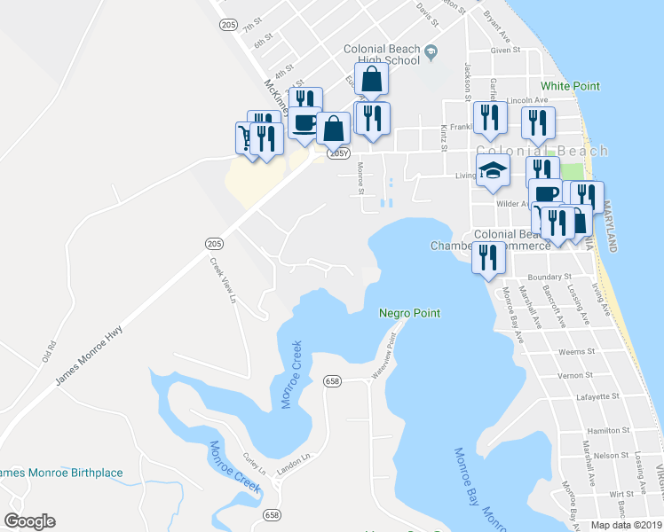 map of restaurants, bars, coffee shops, grocery stores, and more near 707 Monroe Point Drive in Colonial Beach