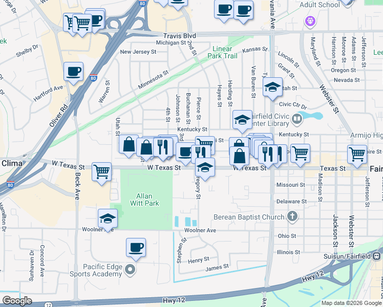 map of restaurants, bars, coffee shops, grocery stores, and more near 1521 Empire Street in Fairfield