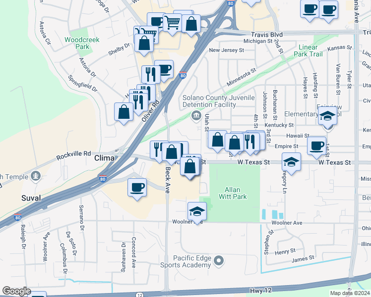 map of restaurants, bars, coffee shops, grocery stores, and more near 2100 West Texas Street in Fairfield