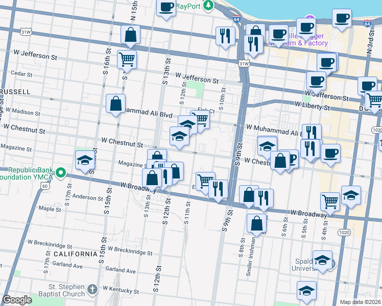 map of restaurants, bars, coffee shops, grocery stores, and more near in Louisville