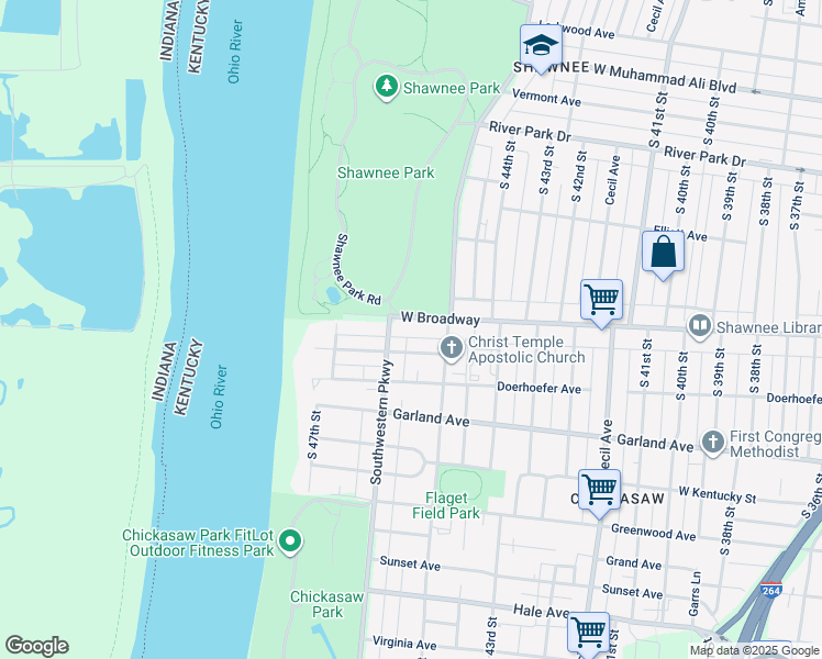 map of restaurants, bars, coffee shops, grocery stores, and more near 4526 West Broadway in Louisville