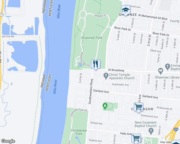map of restaurants, bars, coffee shops, grocery stores, and more near 716 Southwestern Parkway in Louisville