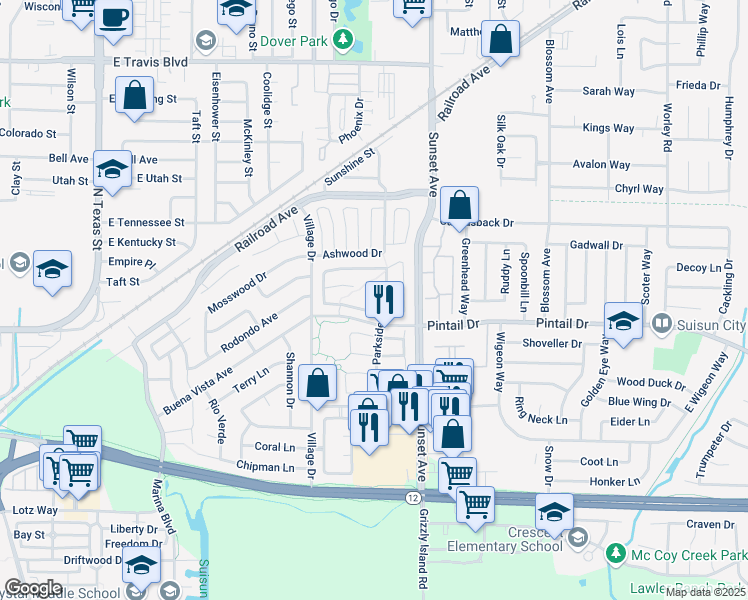 map of restaurants, bars, coffee shops, grocery stores, and more near 205 Fairbrook Court in Suisun City