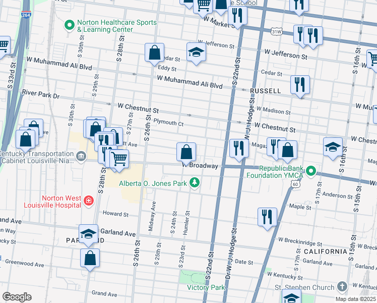 map of restaurants, bars, coffee shops, grocery stores, and more near 659 South 24th Street in Louisville