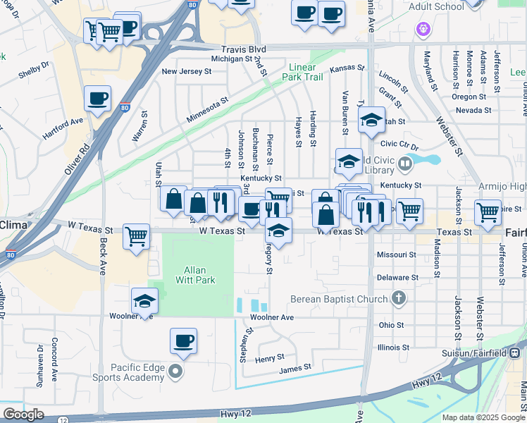 map of restaurants, bars, coffee shops, grocery stores, and more near 1521 Empire Street in Fairfield