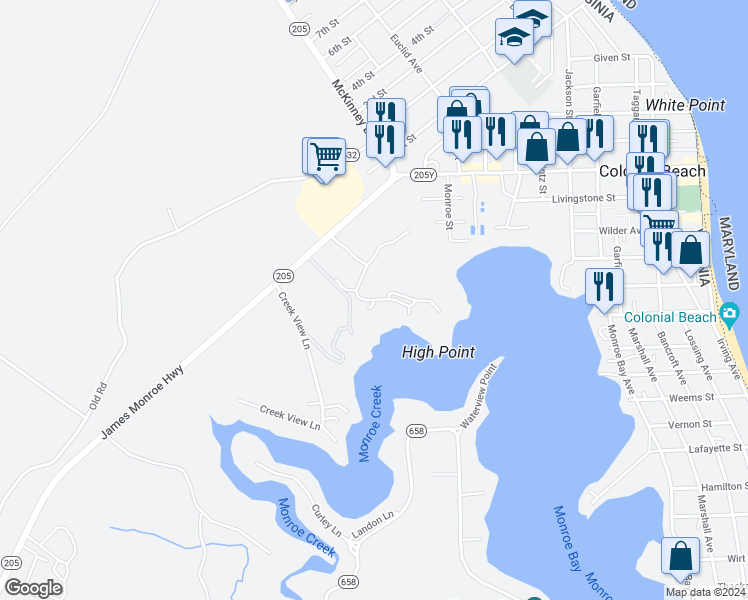 map of restaurants, bars, coffee shops, grocery stores, and more near 406 Monroe Point Drive in Colonial Beach