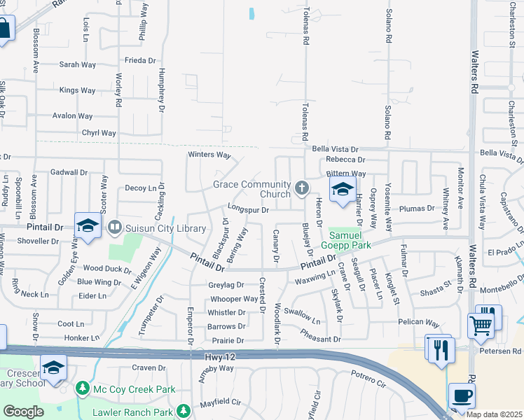 map of restaurants, bars, coffee shops, grocery stores, and more near Longspur Drive & Javan Way in Suisun City