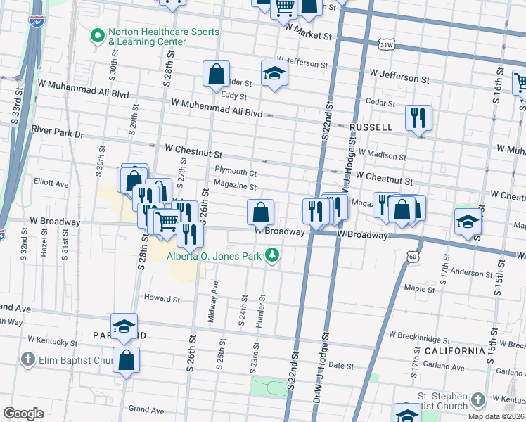 map of restaurants, bars, coffee shops, grocery stores, and more near 665 South 24th Street in Louisville
