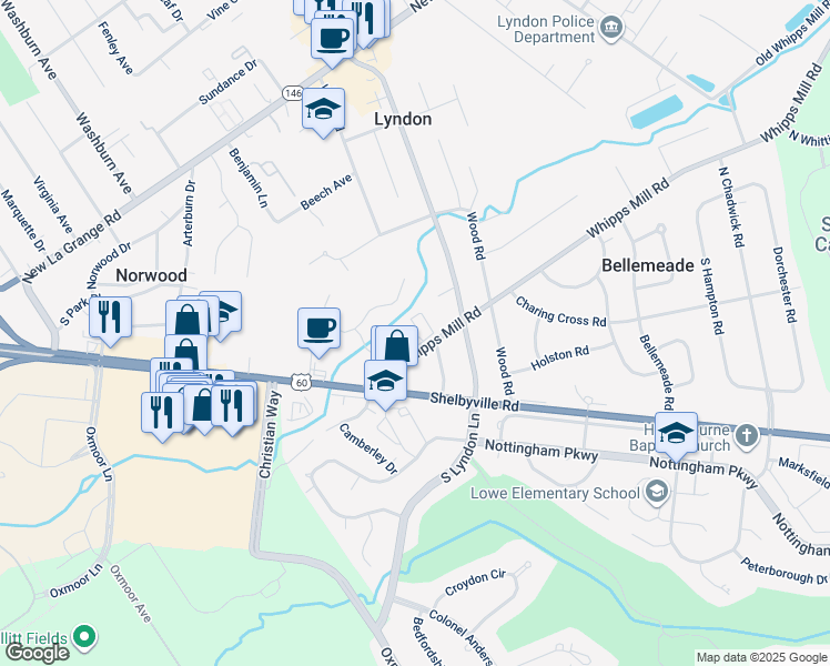 map of restaurants, bars, coffee shops, grocery stores, and more near 8225 Whipps Mill Road in Louisville