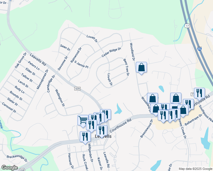 map of restaurants, bars, coffee shops, grocery stores, and more near 10627 Bent Tree Drive in Fredericksburg