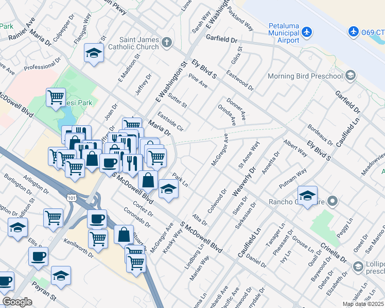 map of restaurants, bars, coffee shops, grocery stores, and more near 540 Greenbriar Circle in Petaluma