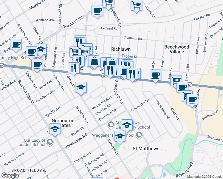 map of restaurants, bars, coffee shops, grocery stores, and more near 120 South Hubbards Lane in Louisville