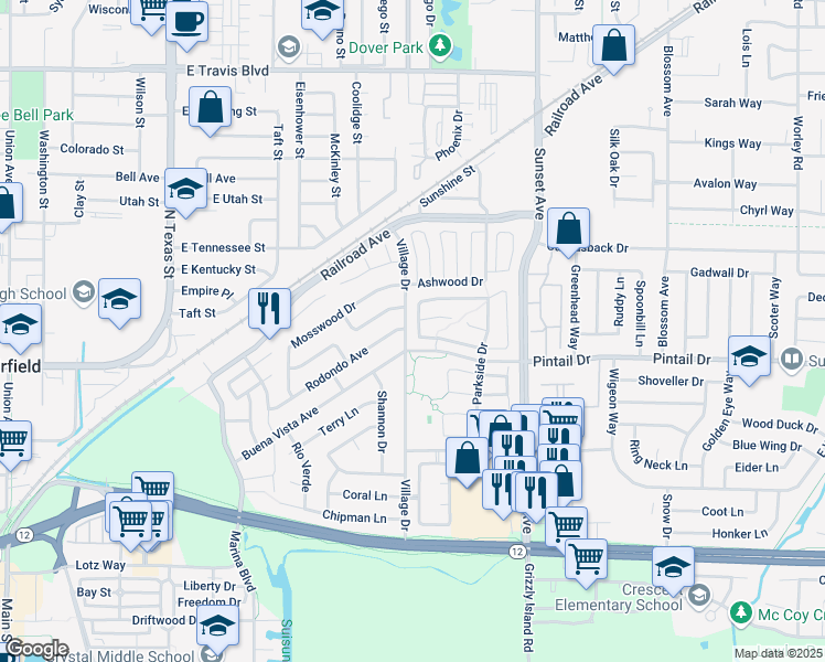 map of restaurants, bars, coffee shops, grocery stores, and more near 231 Bridgewater Circle in Suisun City
