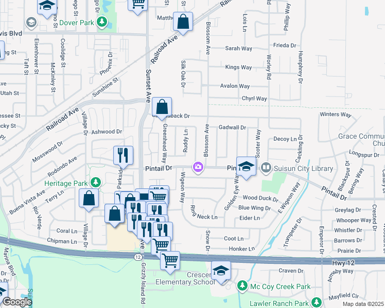map of restaurants, bars, coffee shops, grocery stores, and more near 804 Spoonbill Lane in Suisun City