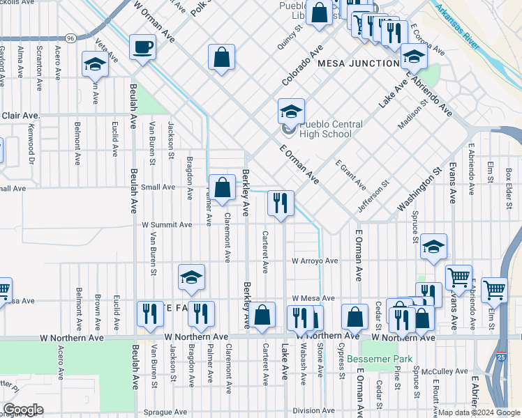 map of restaurants, bars, coffee shops, grocery stores, and more near 940 Carteret Avenue in Pueblo