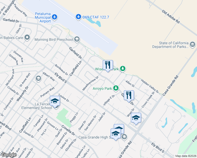 map of restaurants, bars, coffee shops, grocery stores, and more near 2306 Marylyn Circle in Petaluma