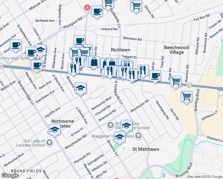 map of restaurants, bars, coffee shops, grocery stores, and more near 4316 South Church Way in Louisville