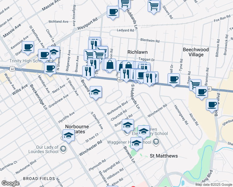 map of restaurants, bars, coffee shops, grocery stores, and more near 4216 North Church Way in Louisville