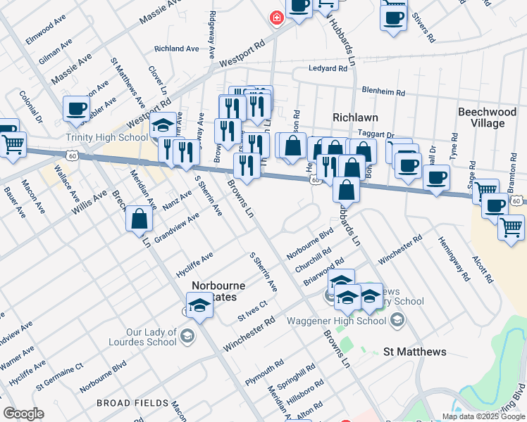 map of restaurants, bars, coffee shops, grocery stores, and more near 222 Browns Lane in Louisville