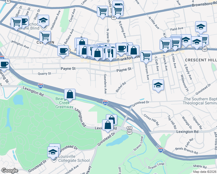 map of restaurants, bars, coffee shops, grocery stores, and more near in Louisville