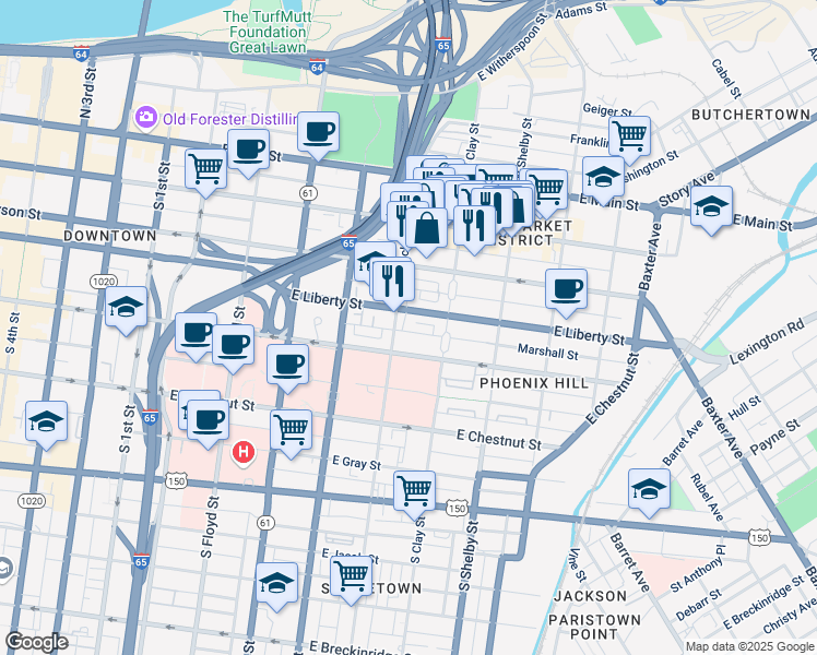 map of restaurants, bars, coffee shops, grocery stores, and more near 626 Marshall Street in Louisville