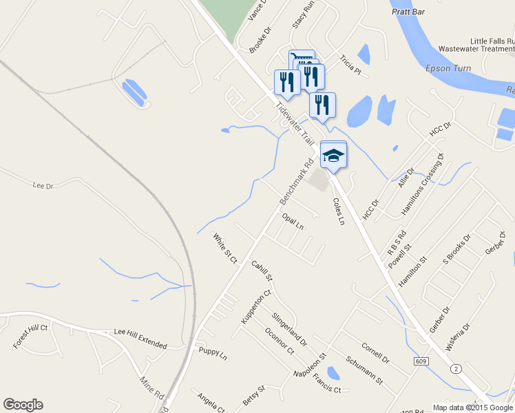 map of restaurants, bars, coffee shops, grocery stores, and more near 10524 Benchmark Road in Fredericksburg